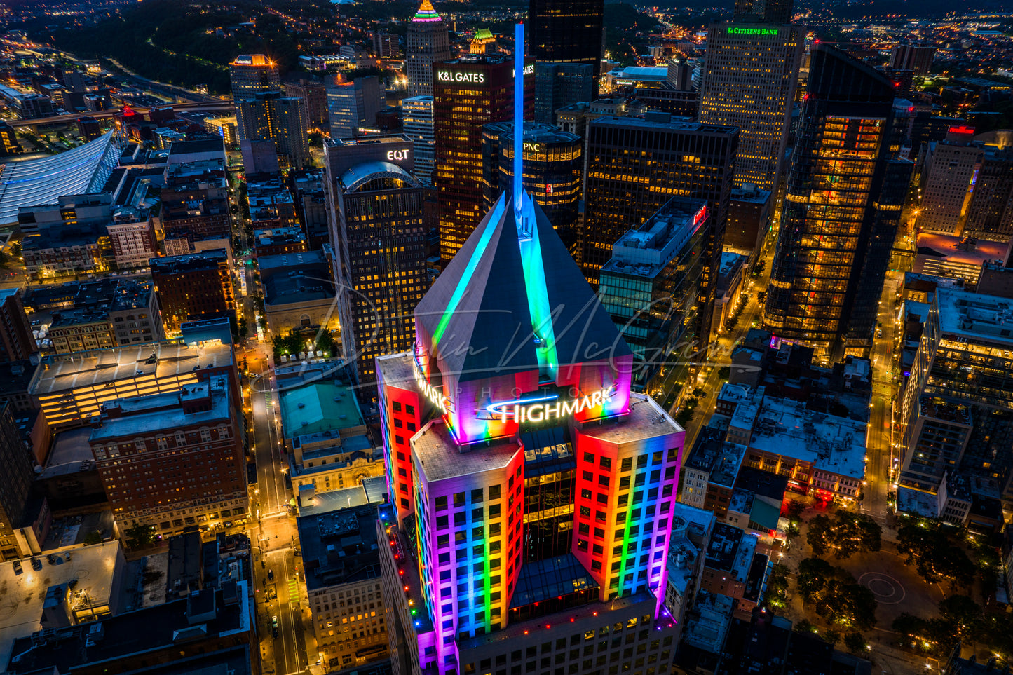 Aerial Photo of 5th Ave Place Lit Up in Rainbow Colors