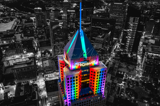 Aerial Photo of 5th Ave Place Lit Up in Rainbow Colors - Selective Color Edit