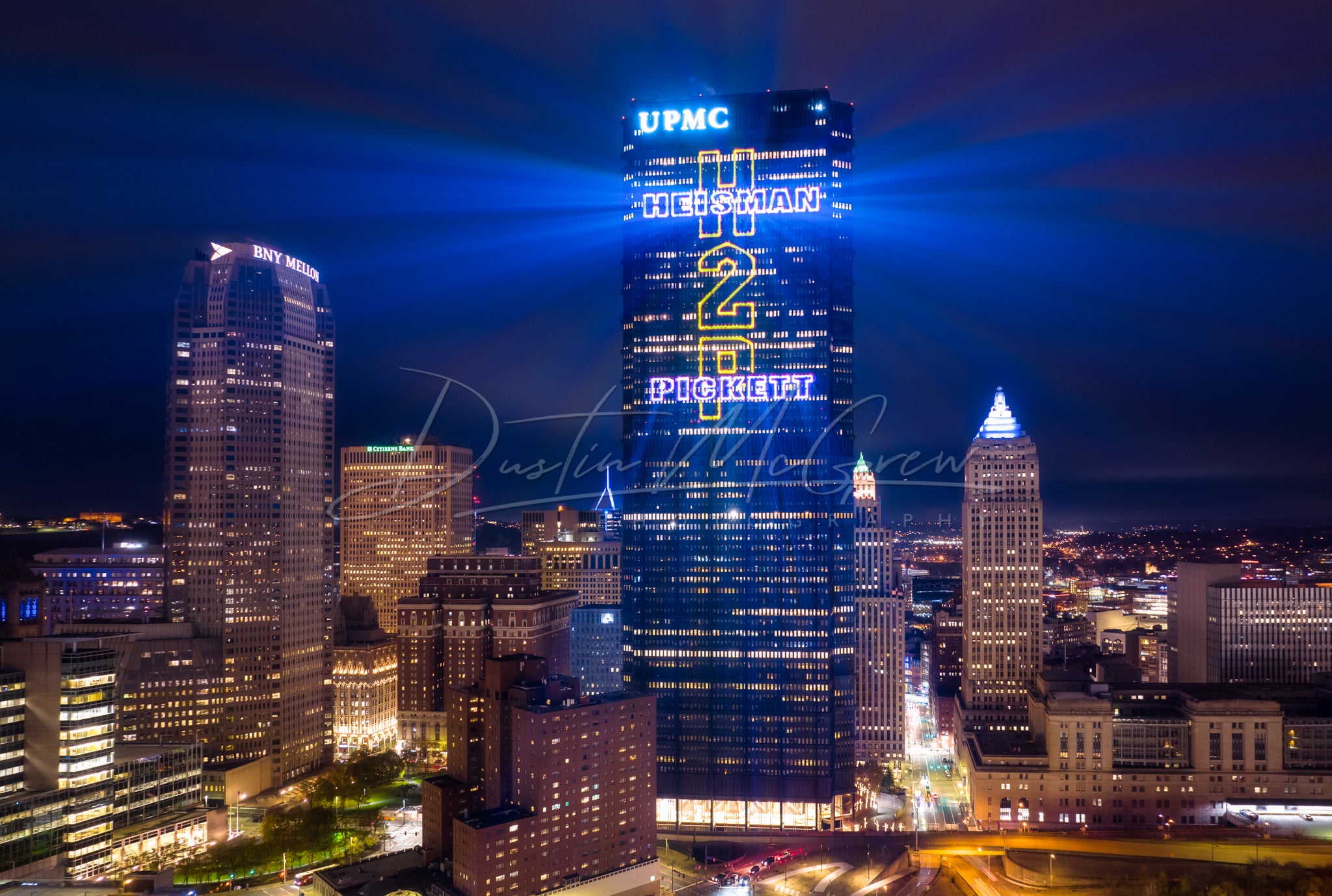 Kenny Pickett for Heisman Trophy Laser Beams on the US Steel Tower
