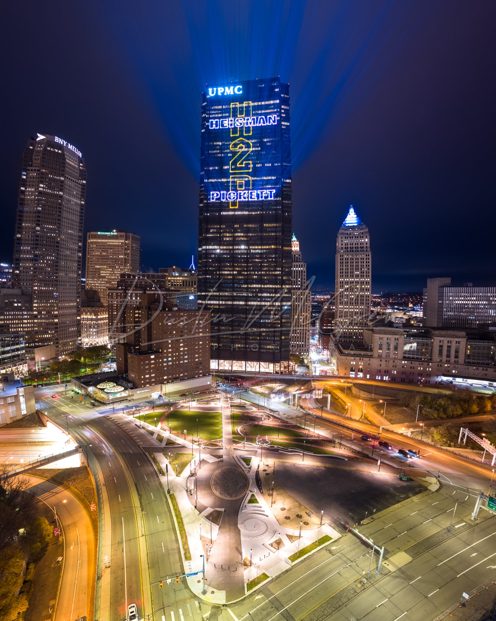 Kenny Pickett foe the Heisman Trophy Lasers on the US Steel Tower