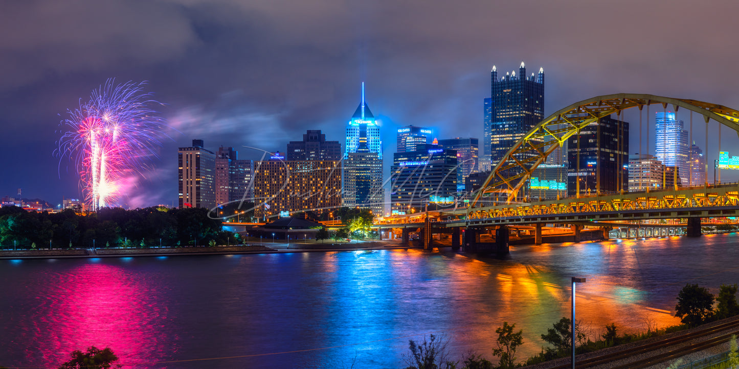 Pittsburgh Skyline with Fireworks Panorama