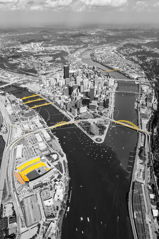 Aerial Photo of Pittsburgh in Black & Gold
