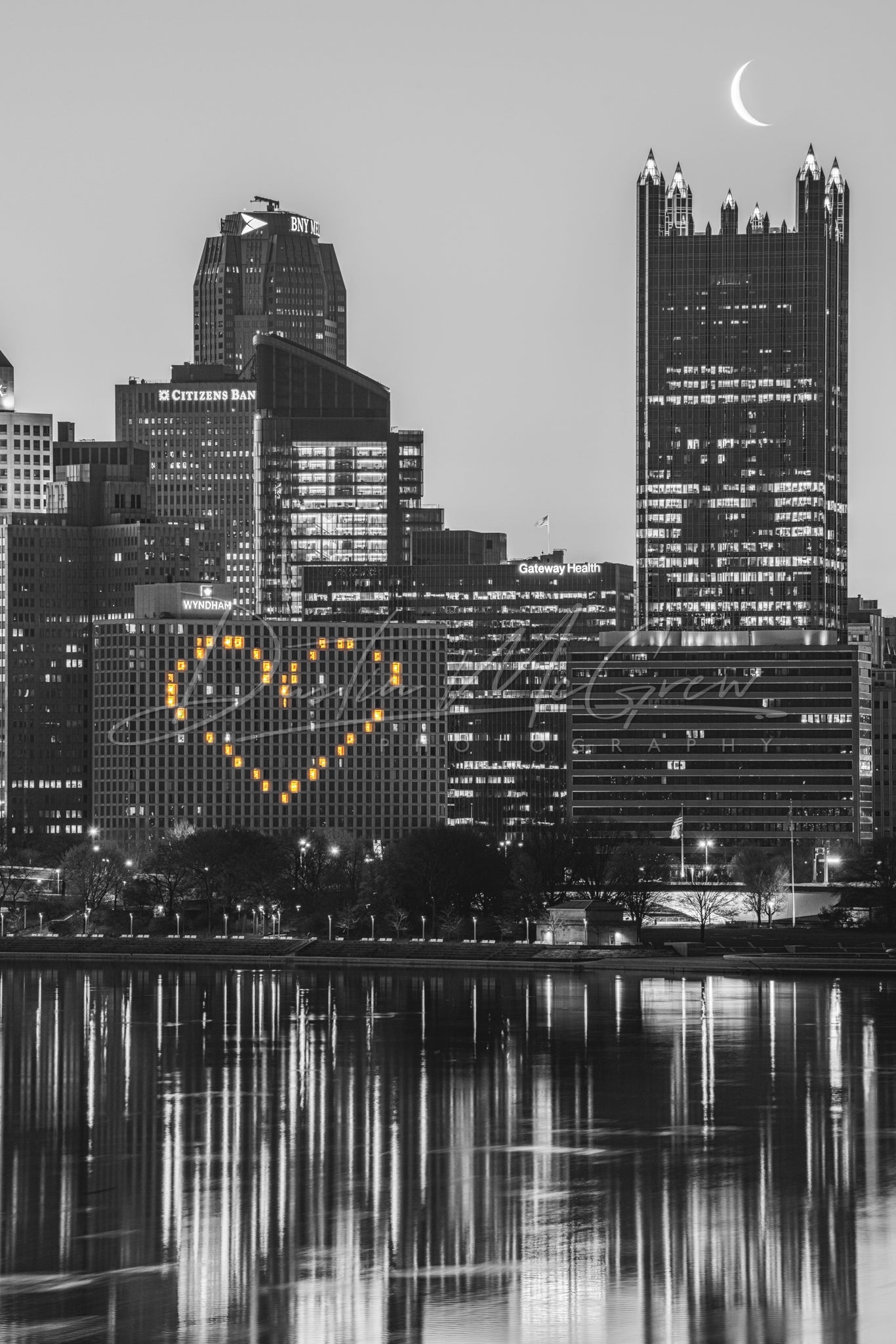 Heart and Crescent Moon Black and White