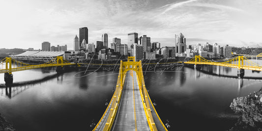 Pittsburgh Sister Bridges Aerial Panorama - Black & Gold