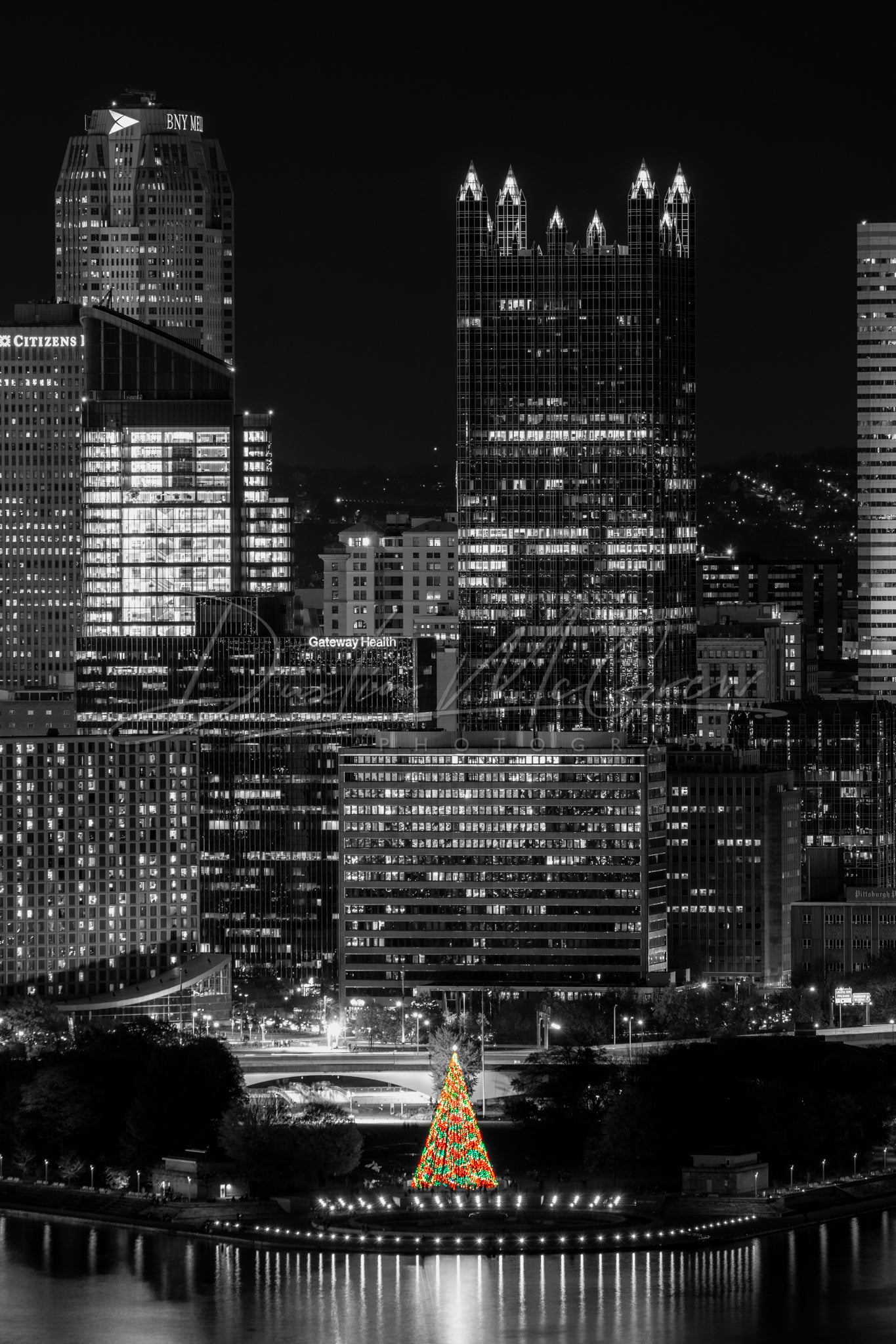 Point State Park Christmas Tree and Pittsburgh Skyline Photo