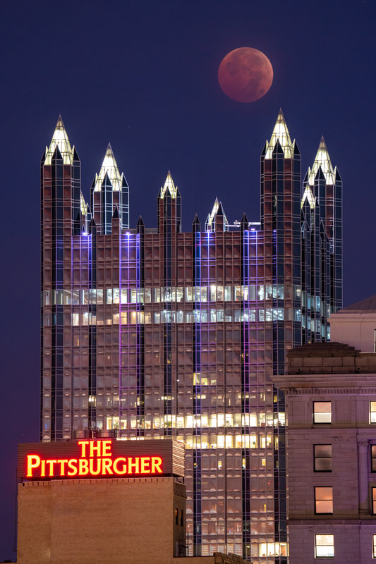 Lunar Eclipse Moon with PPG Place and The Pittsburgher Hotel