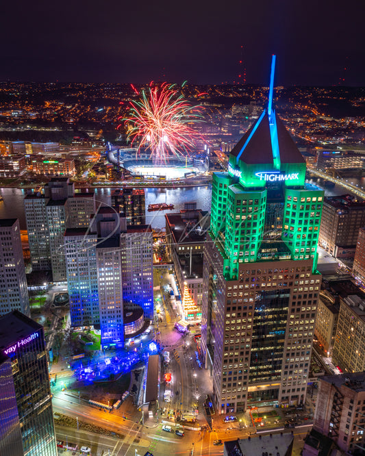 An Incredible View from the top of PPG Place of Light Up Night Fireworks