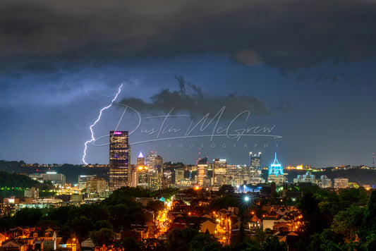 A Huge Lightning Bolt Strikes Behind the Pittsburgh Skyline