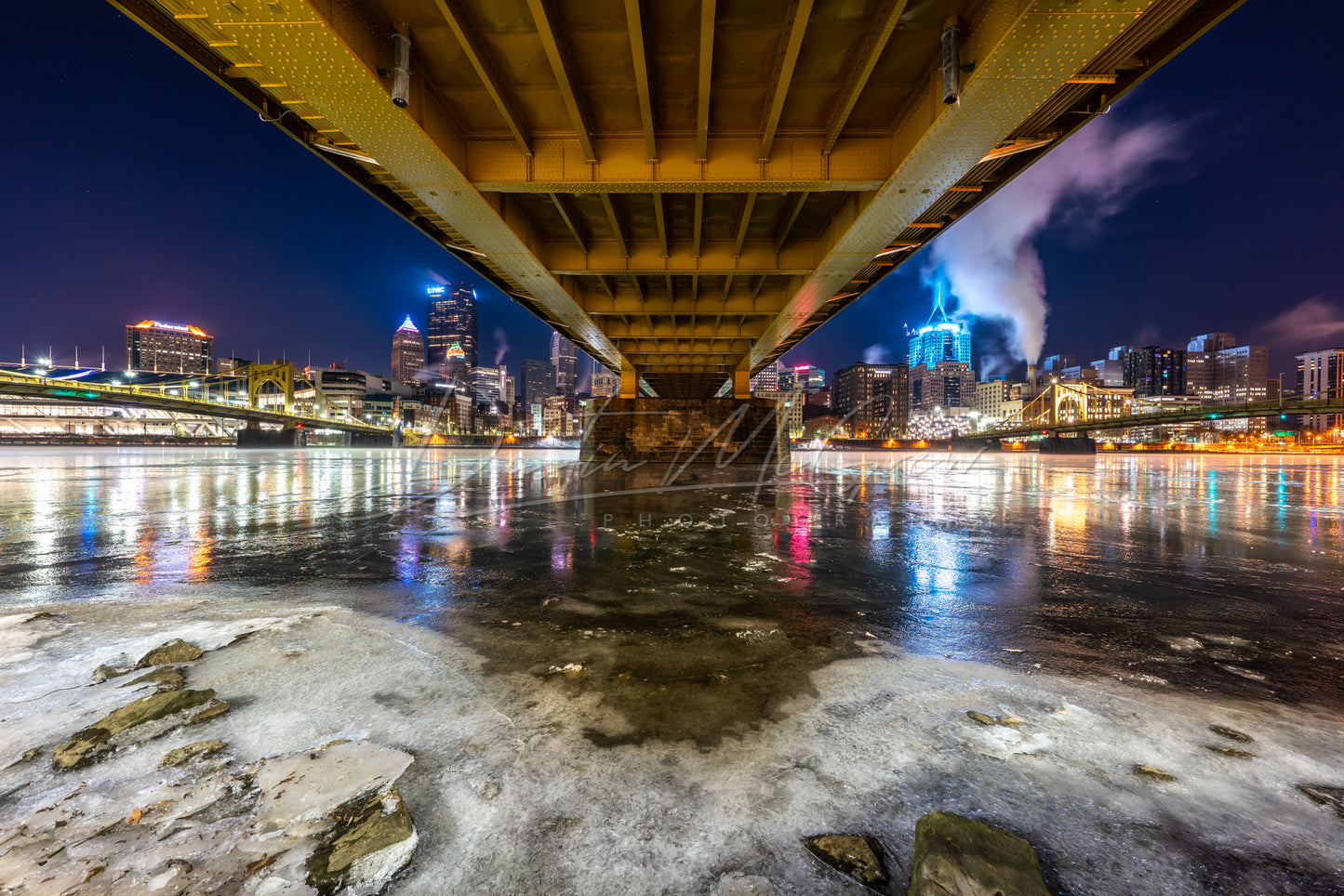 Frozen Allegheny River and Pittsburgh Skyline from Under the Andy Warhol Bridge