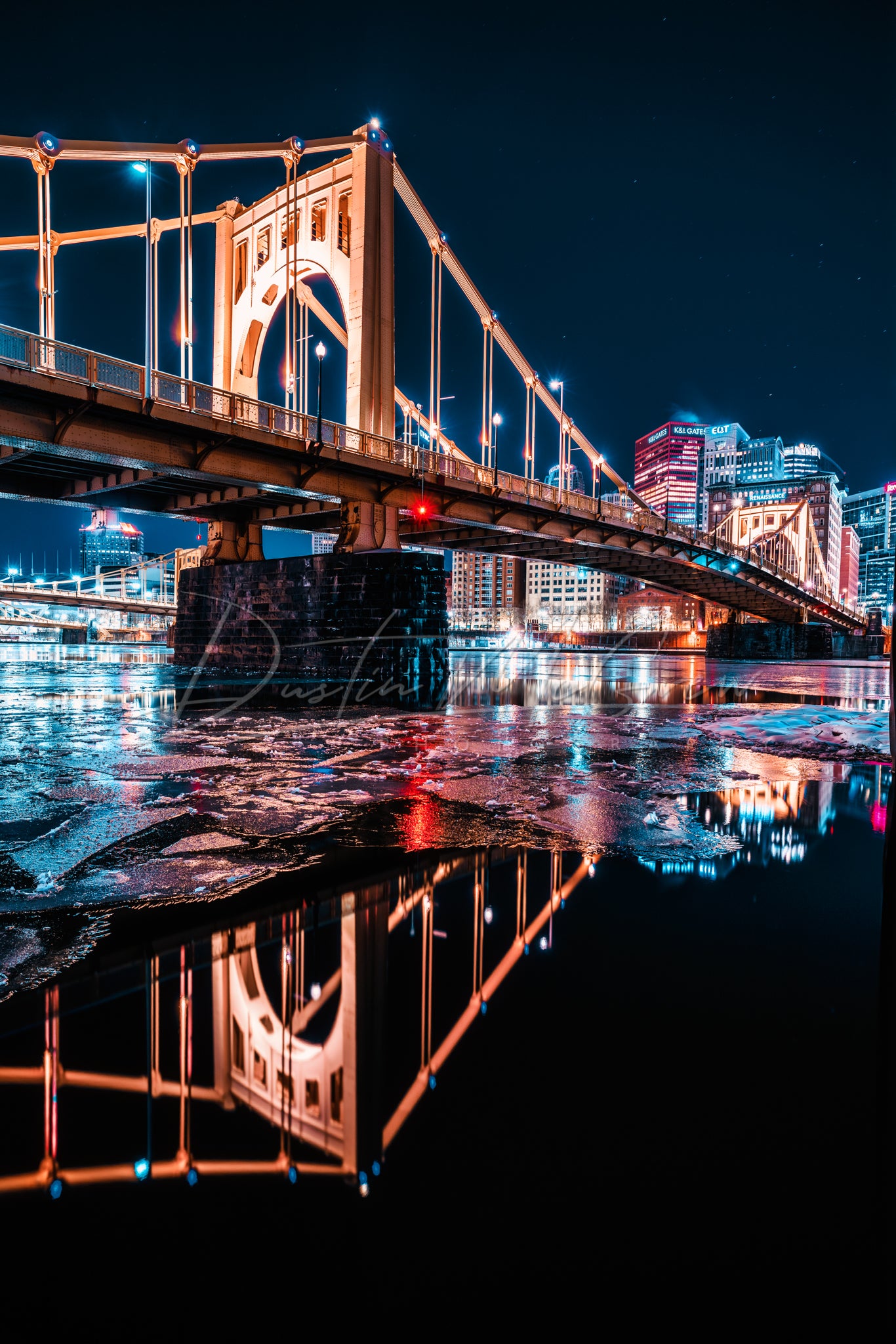 Clemente Bridge Reflecting in the Cold Allegheny River