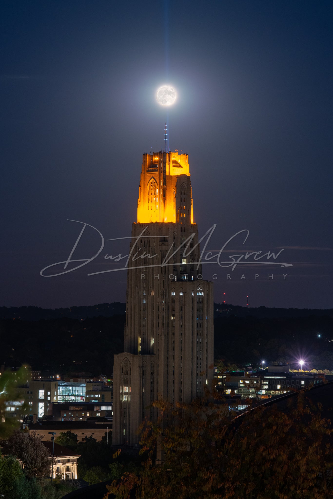 Cathedral of Learning Victory Lights and Full Moon