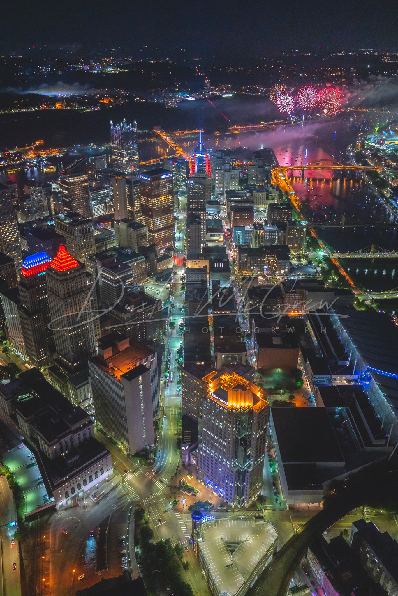 Aerial View of Pittsburgh and 4th of July Fireworks
