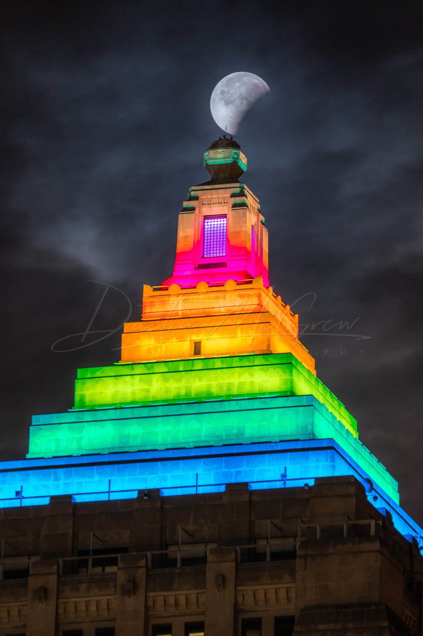 Lunar Eclipse and a Colorful Gulf Tower in Pittsburgh