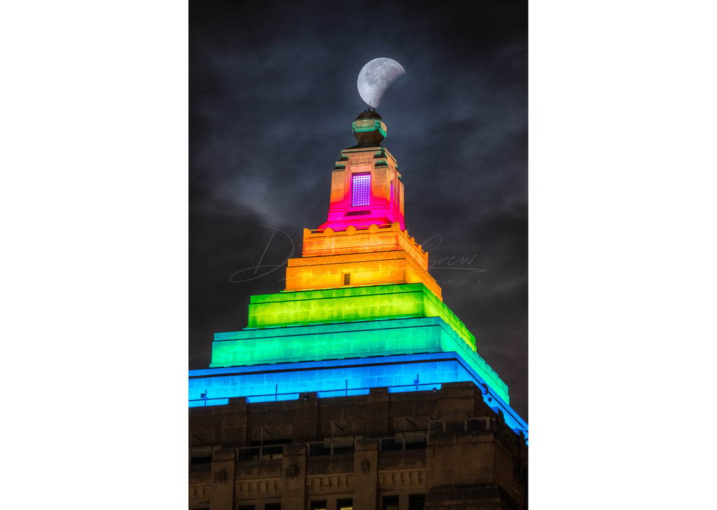 Lunar Eclipse and a Colorful Gulf Tower in Pittsburgh