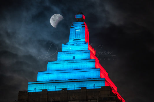 Lunar Eclipse Moon and Red & Blue Gulf Tower