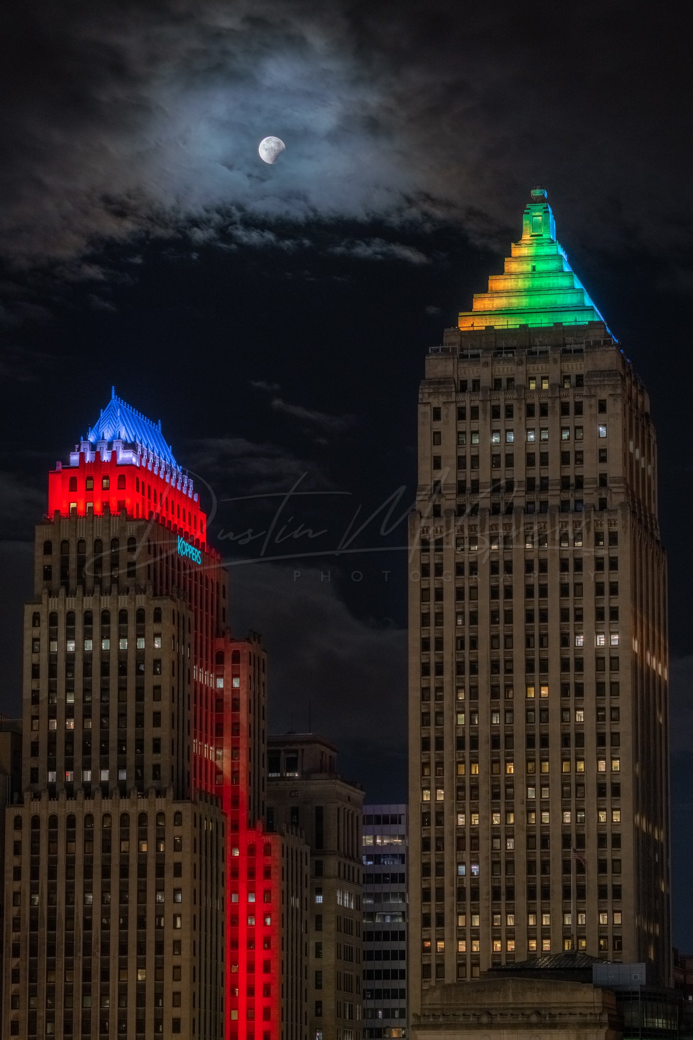 Moon with Koppers Building and Gulf Tower During a Lunar Eclipse