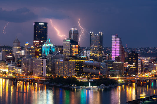 Lightning Strikes Around the Downtown Pittsburgh Skyline