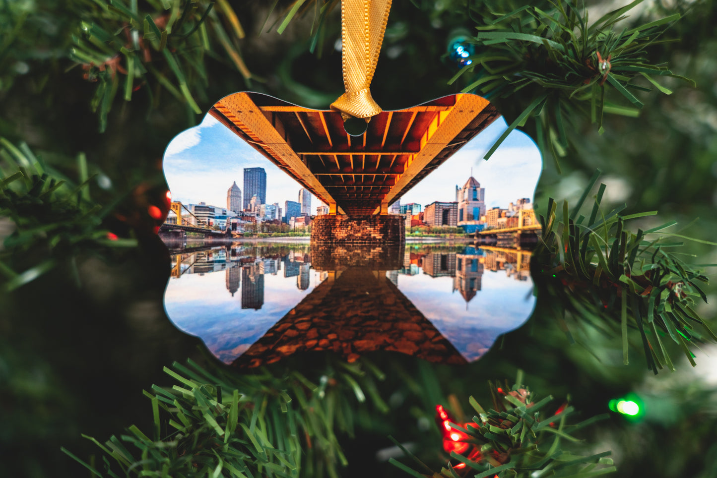 Pittsburgh Reflections and Fireworks - Metal Christmas Ornament