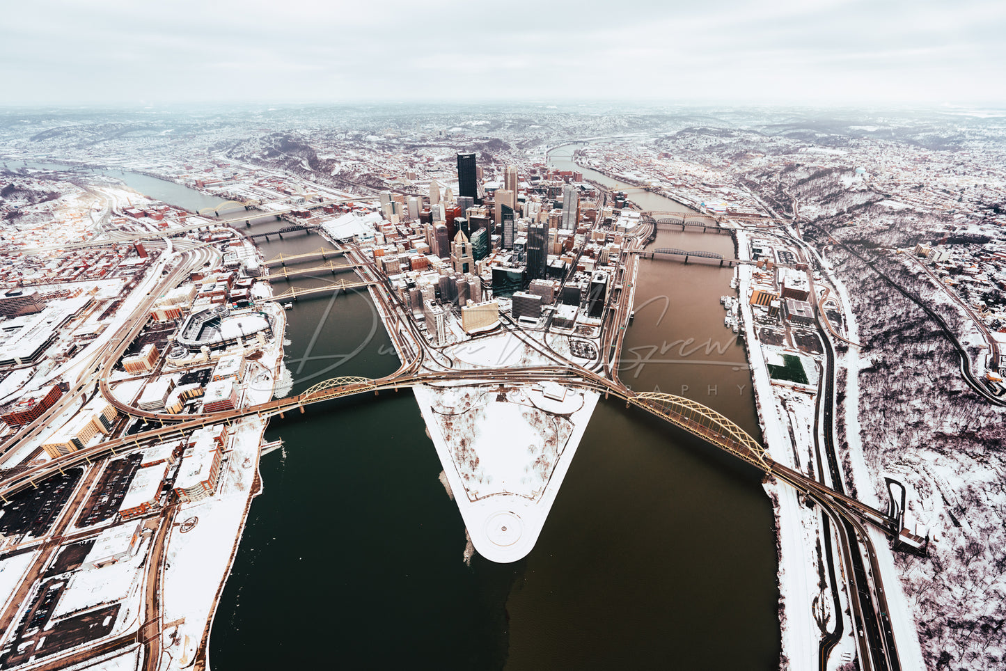 Aerial View of Pittsburgh Blanketed in Snow