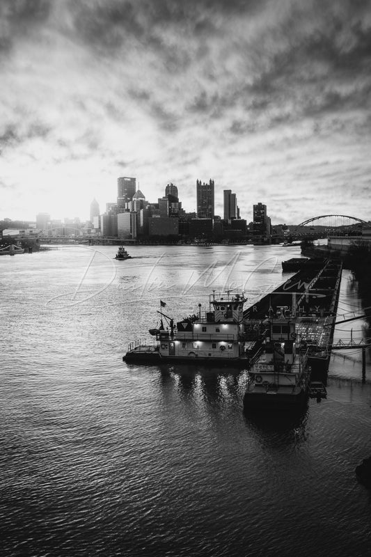 Towboats and an Amazing Pittsburgh Sunrise - Black and White