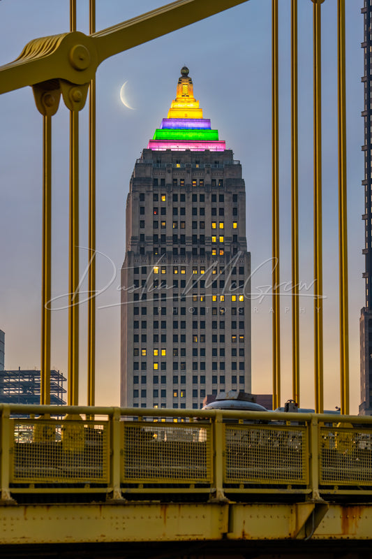 Gulf Tower and Moon Framed by the Clemente Bridge