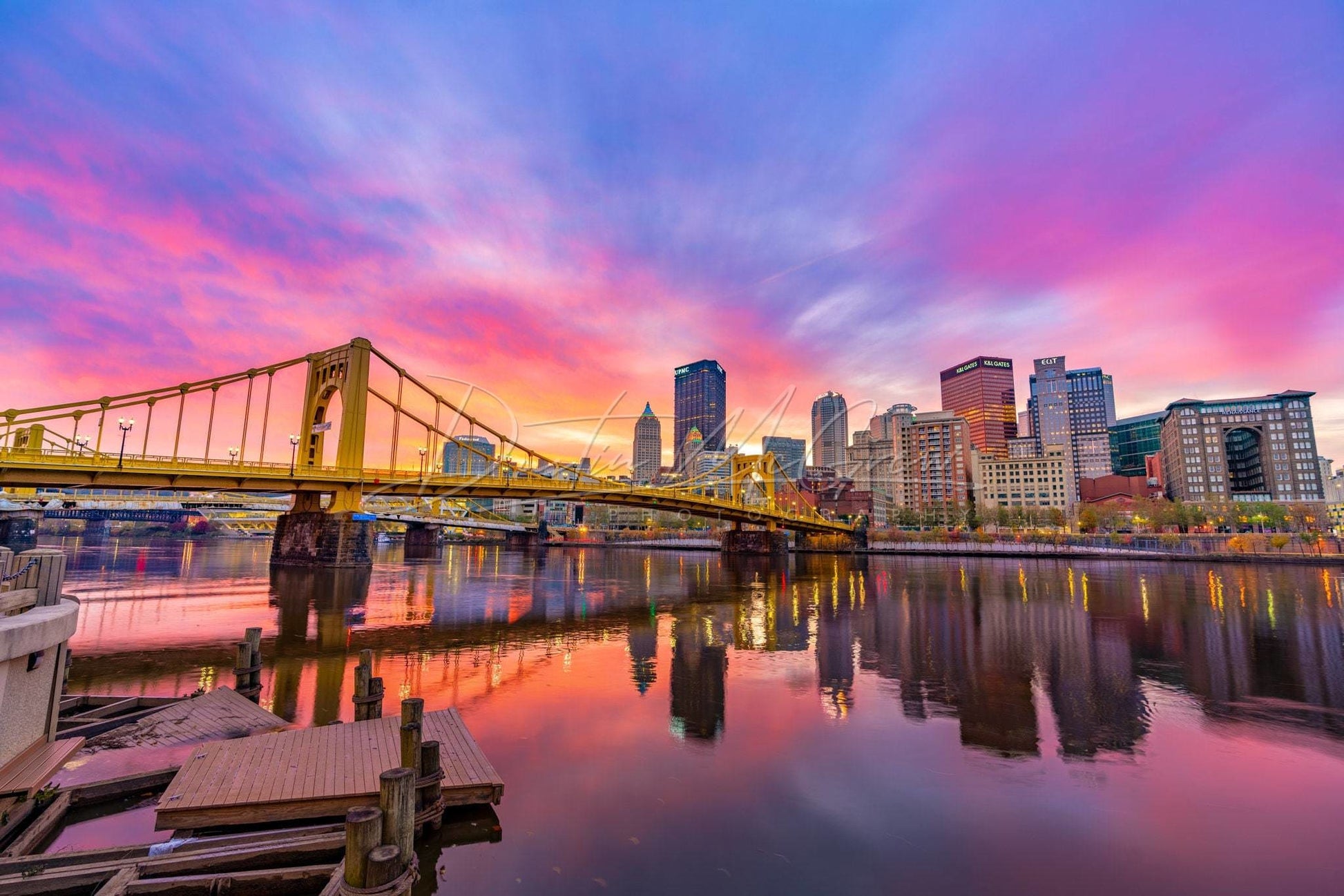 Pittsburgh Skyline And Warhol Bridge Photo With Vibrant Pink Sunrise