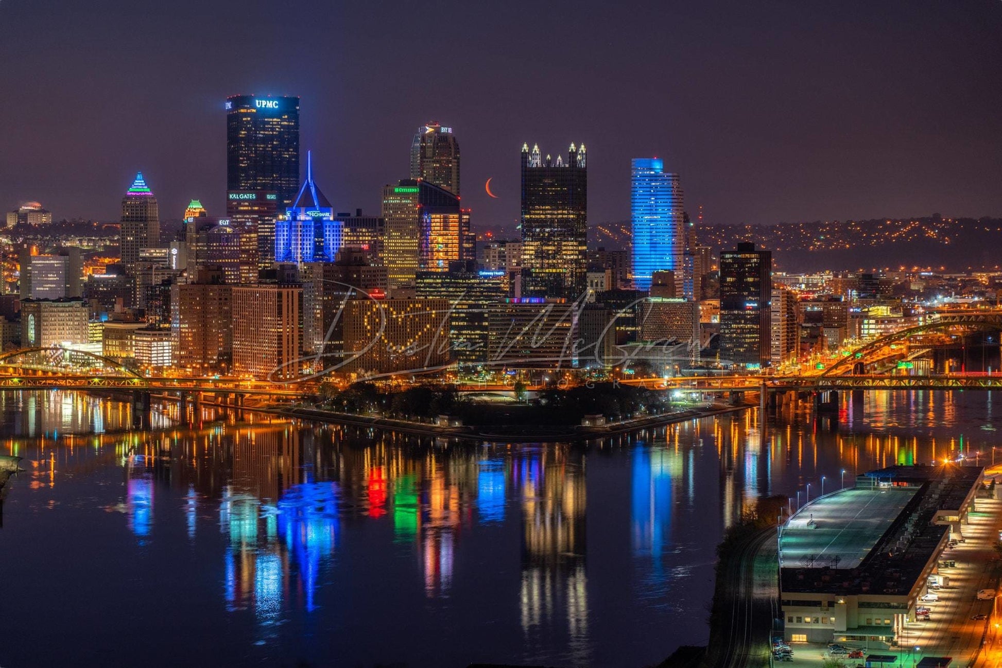 Pittsburgh Skyline Photo With Red Crescent Moon
