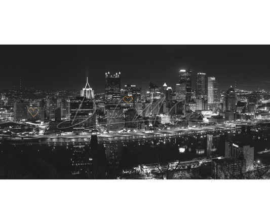 Pittsburgh Skyline Panorama With Hearts - Black And White Version