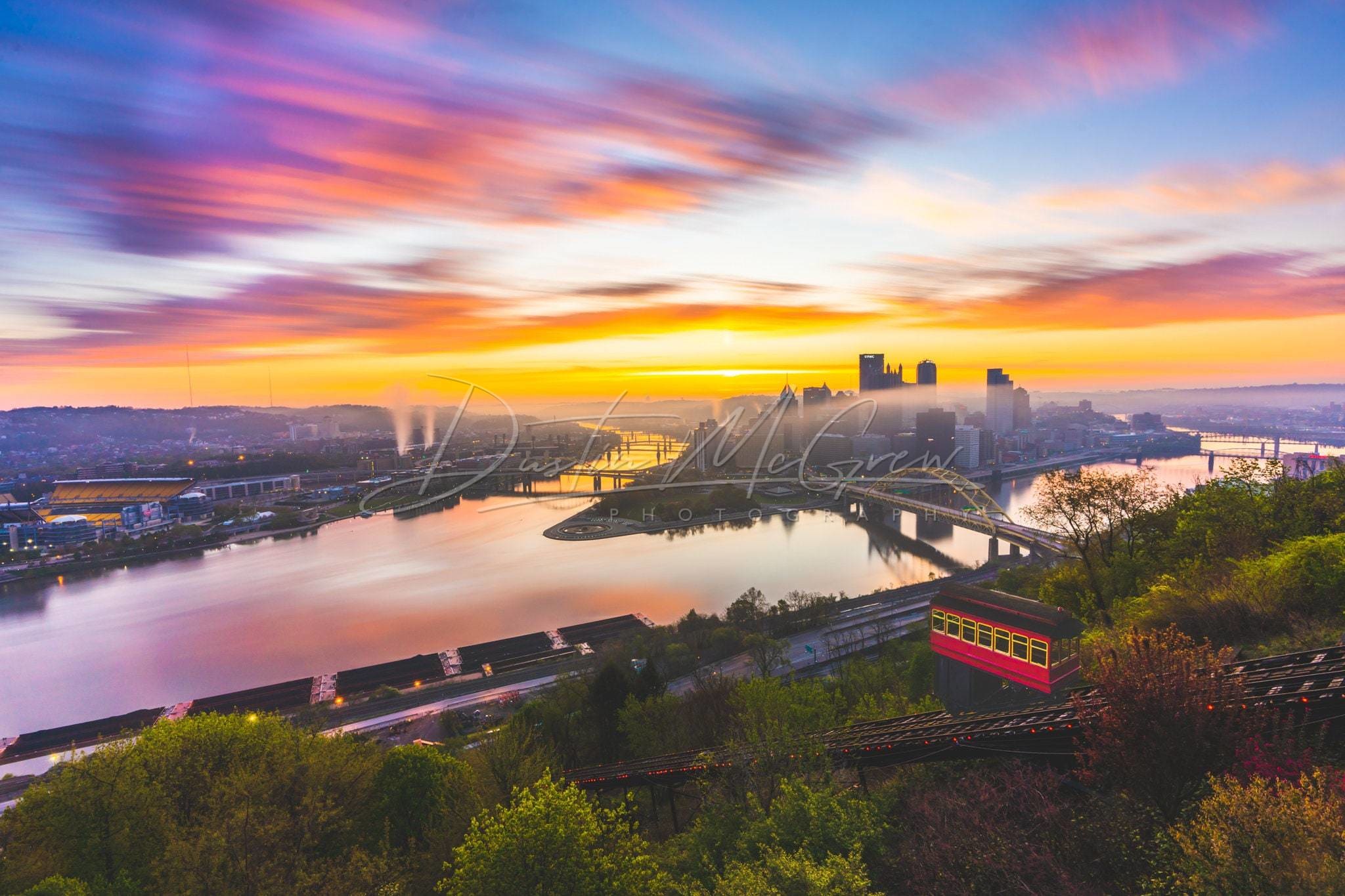 Photo Of The Pittsburgh Skyline And Incline With A Colorful Sunrise
