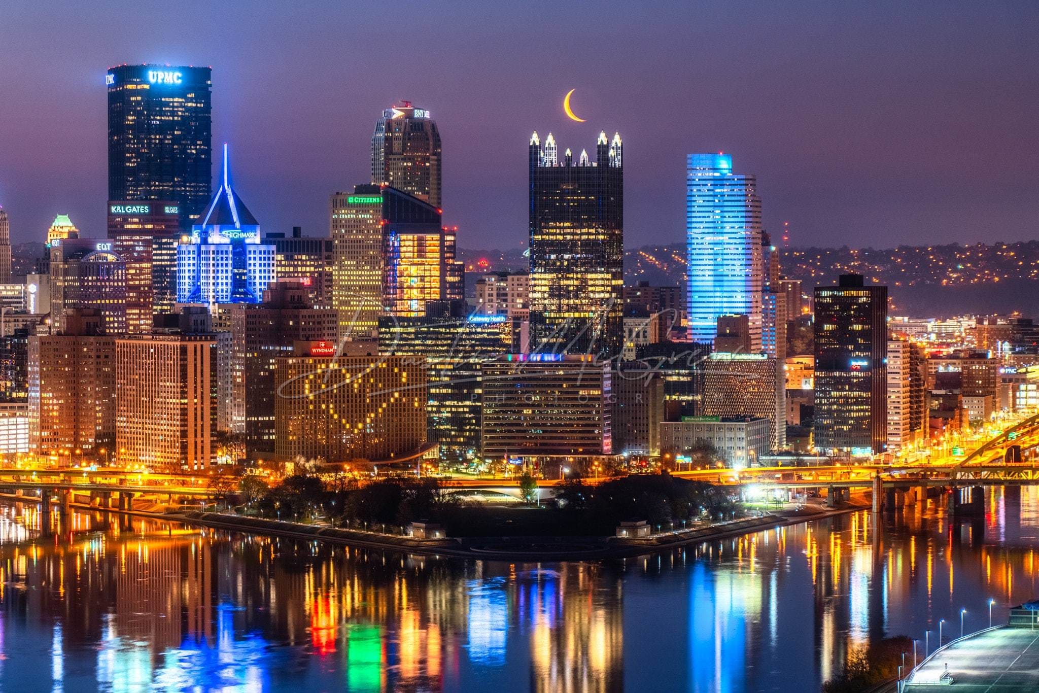 Photo Of The Pittsburgh Skyline With Crescent Moon Over Ppg Place