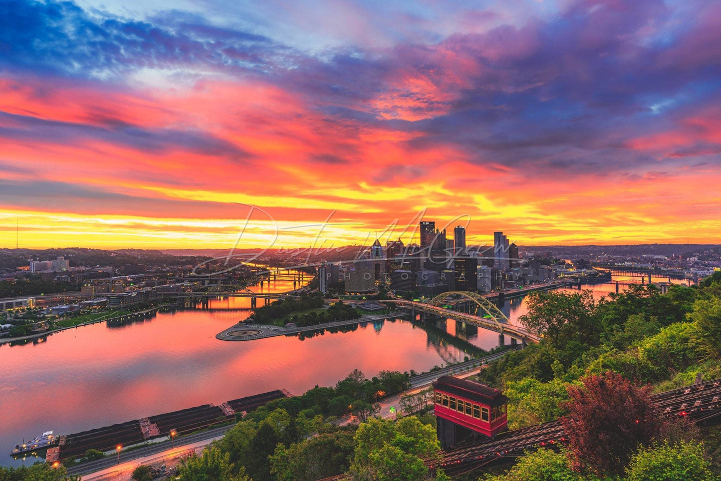 Pittsburgh Skyline And Incline Photo With Vibrant Sunrise