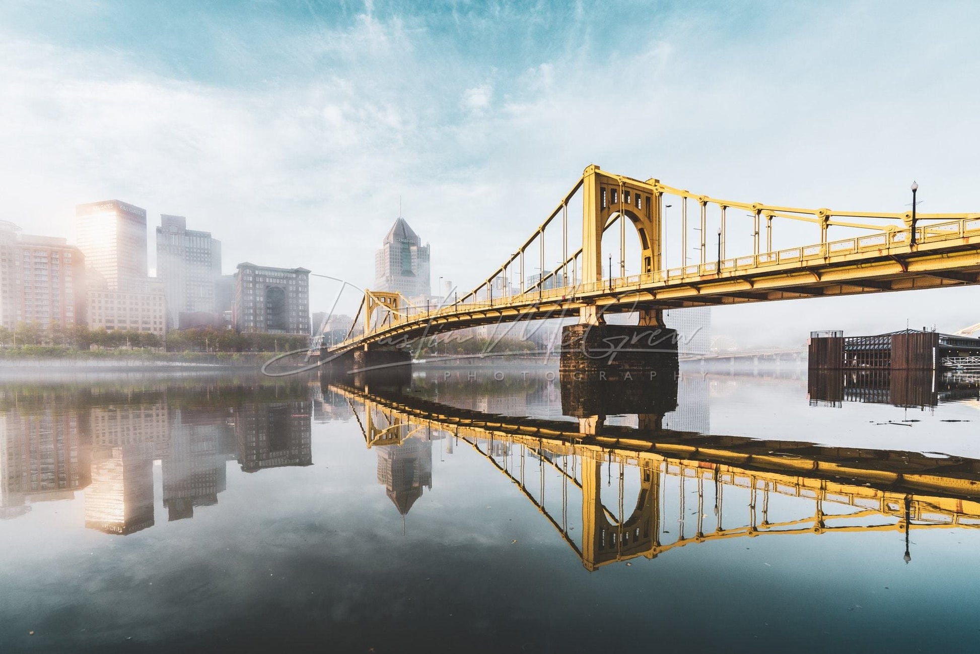 Pittsburgh Skyline Photo - Clemente Bridge On A Foggy Morning