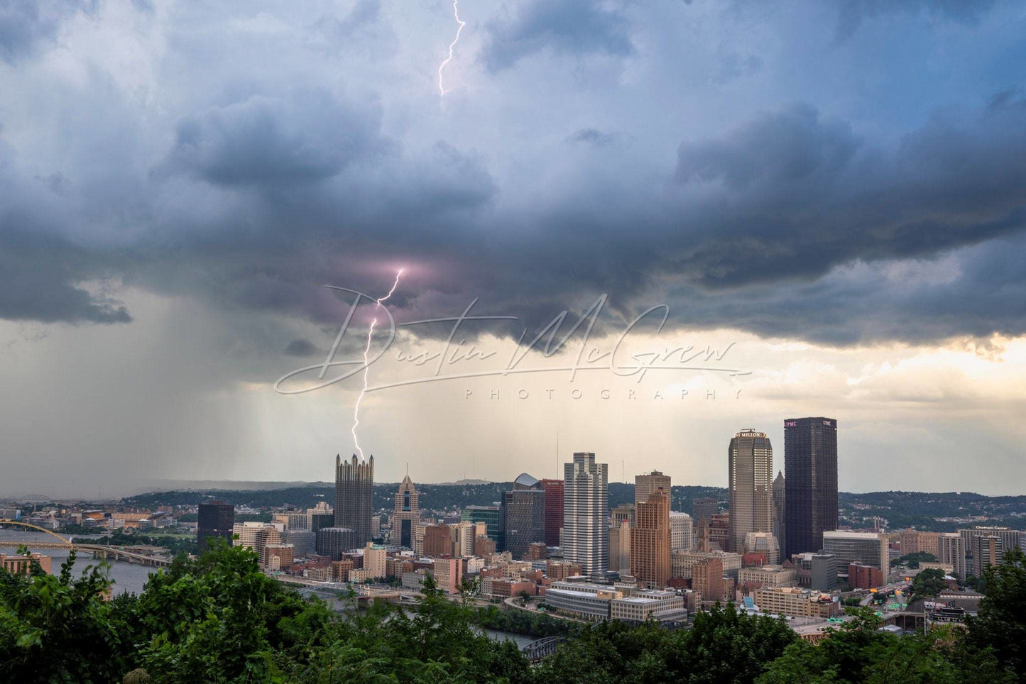 Pittsburgh Lightning Photo - Towering Strike Over Print Art