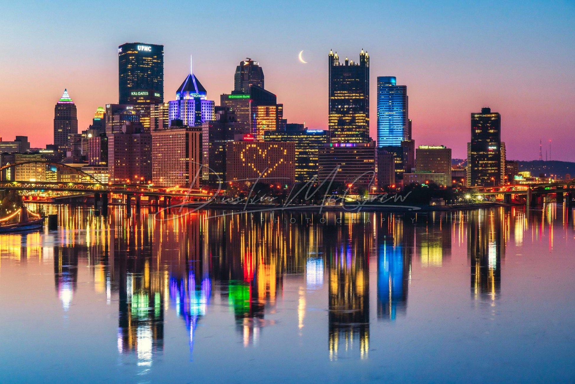 Pittsburgh Skyline Photo With Crescent Moon And Heart