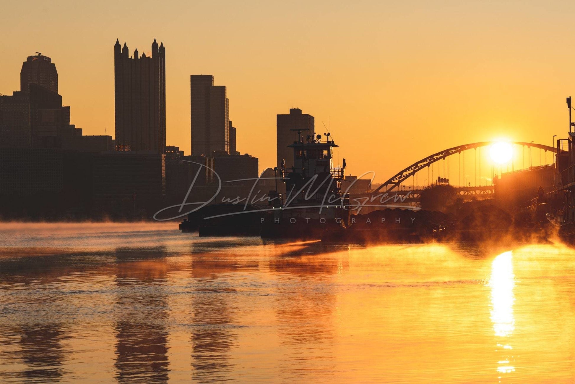 Pittsburgh Photo Print - Steam Rises From The Rivers As A Tow Boat Parks Barge Photograph Skyline