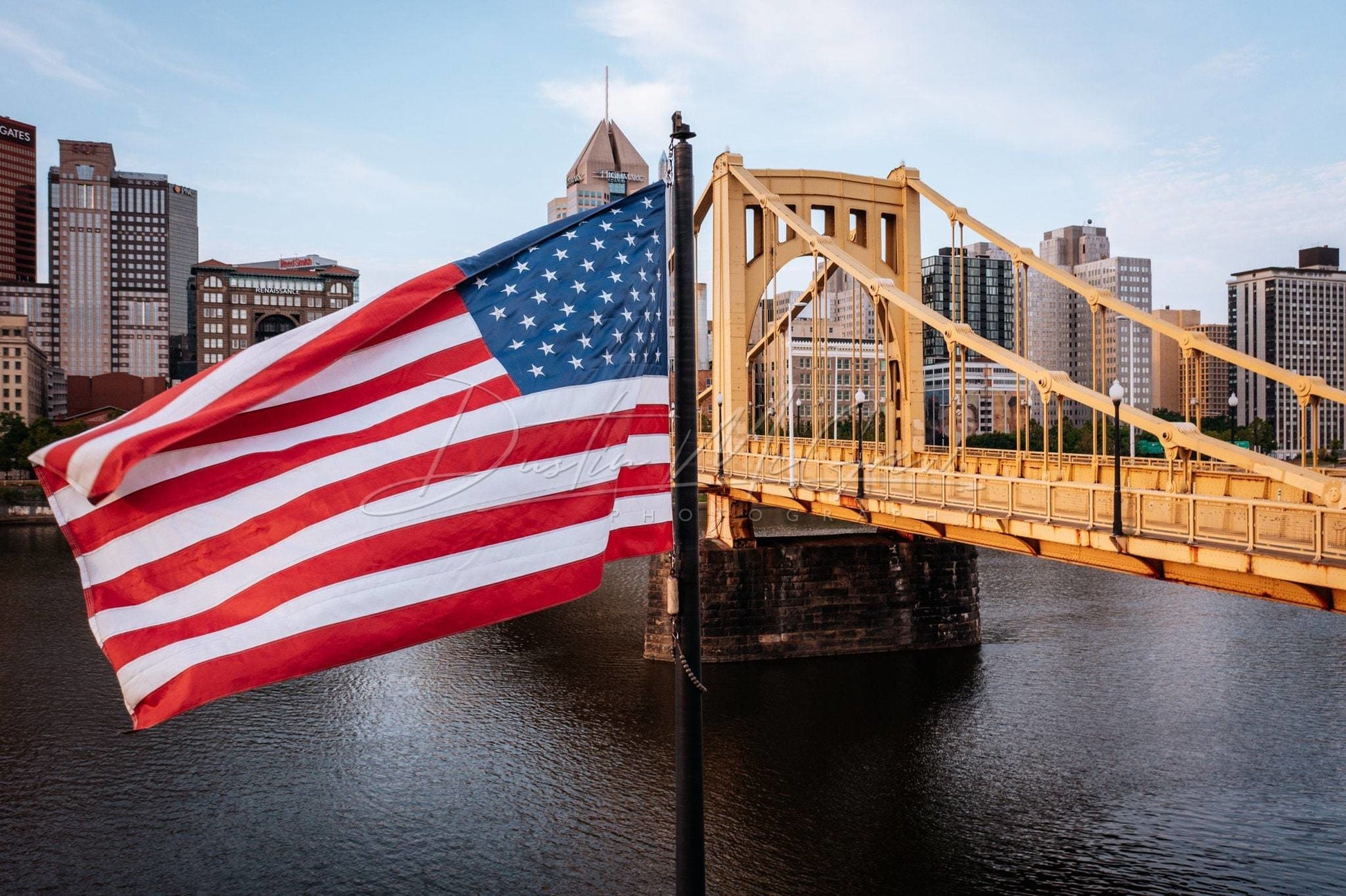 Pittsburgh Photo - The American Flag And The Clemente Bridge Metal Prints Wall Art