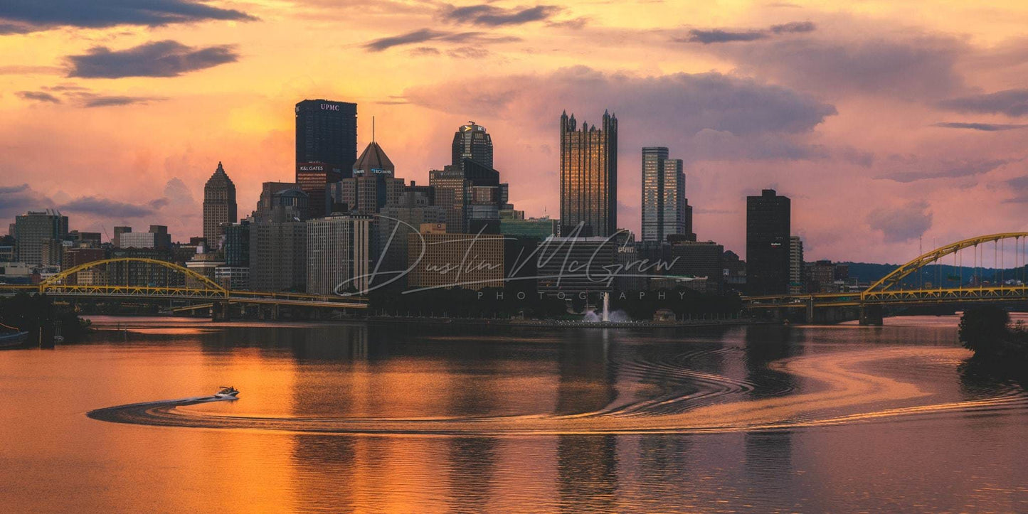 Pittsburgh Photo - A Boat Circles In The Ohio River At Sunset Metal Prints Canvas