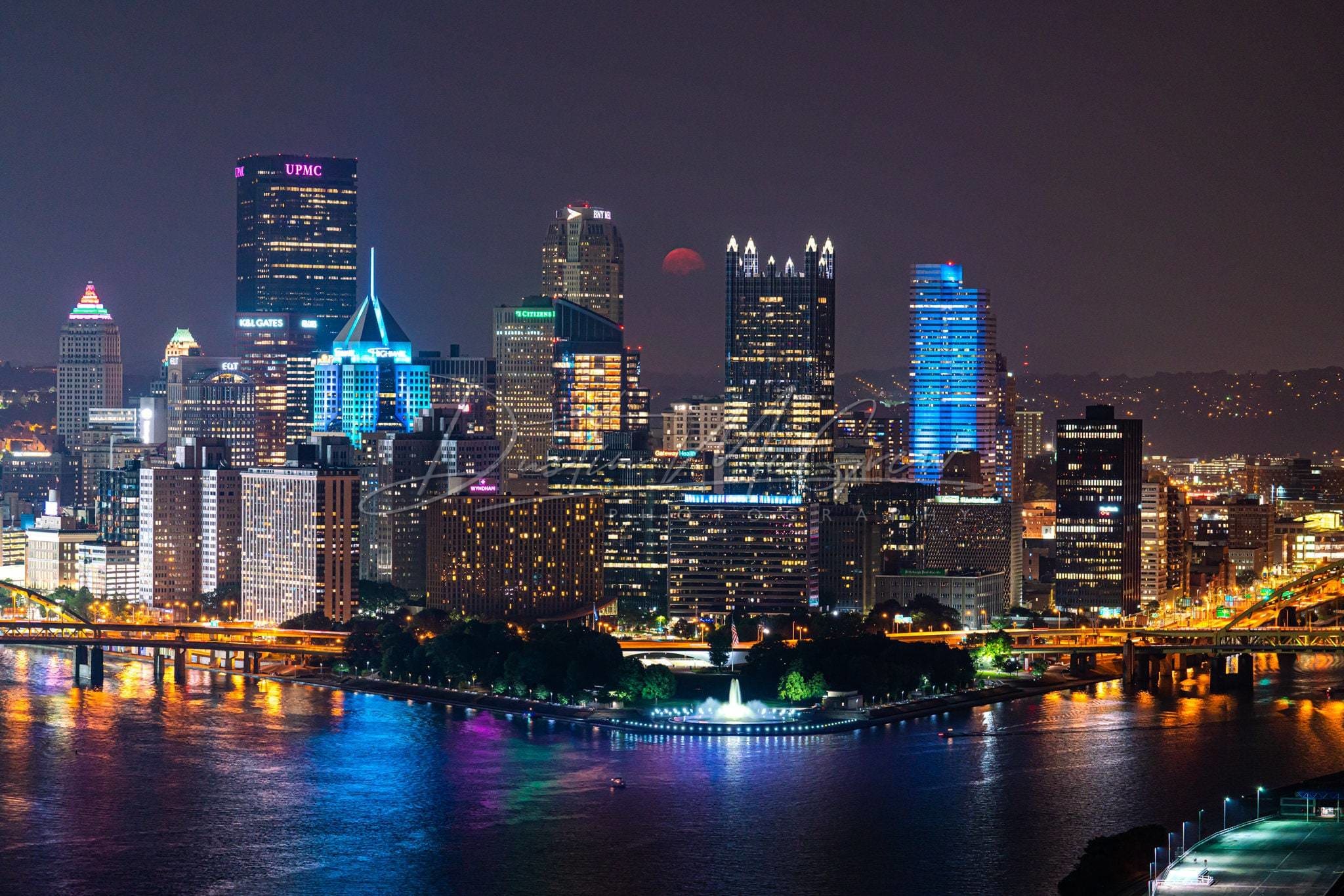 Pittsburgh Photo Print - Full Moon Rises Over Downtown Metal Prints Canvas