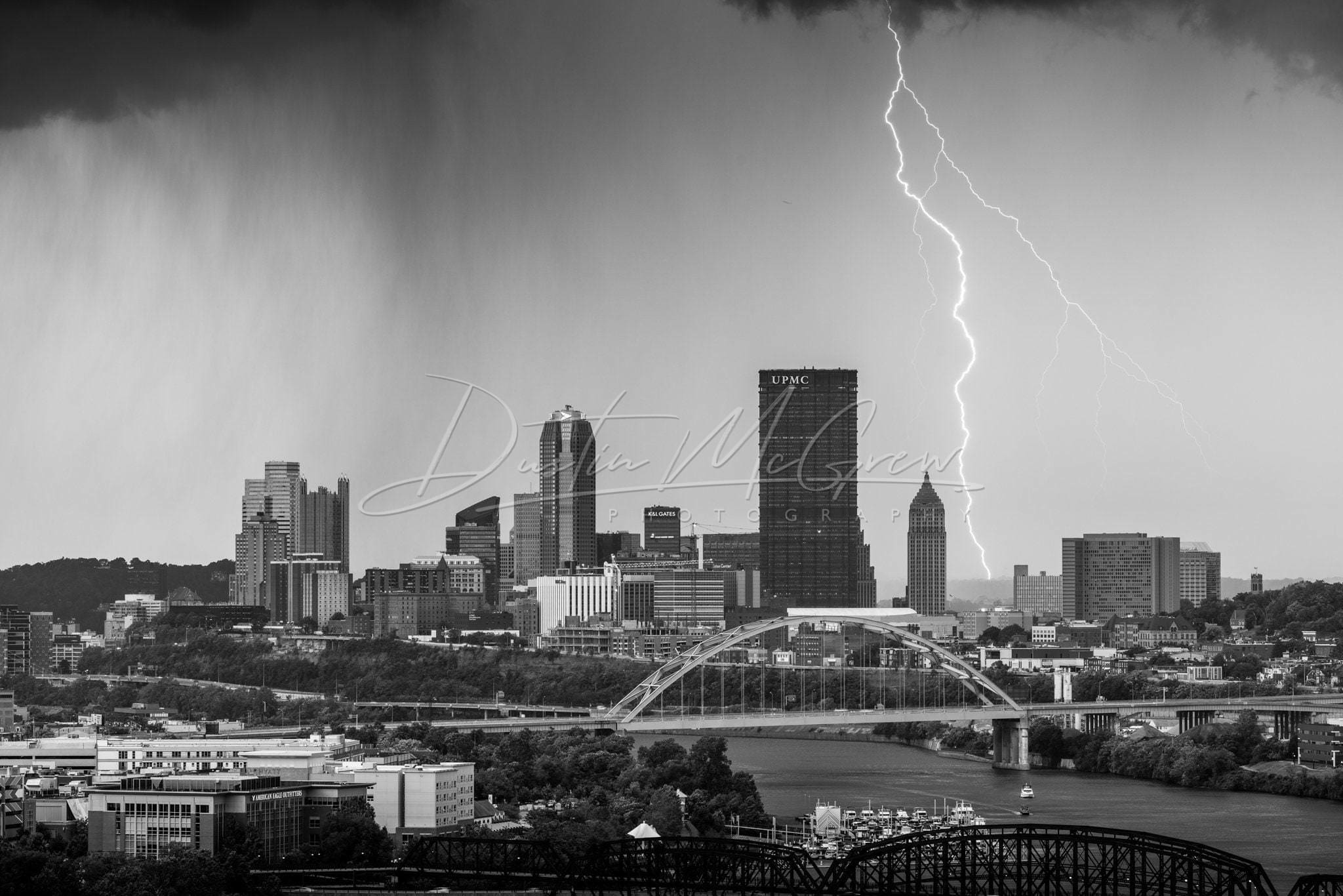 Pittsburgh Black And White Photo - Lighting Strikes Near Downtown Metal Prints Canvas