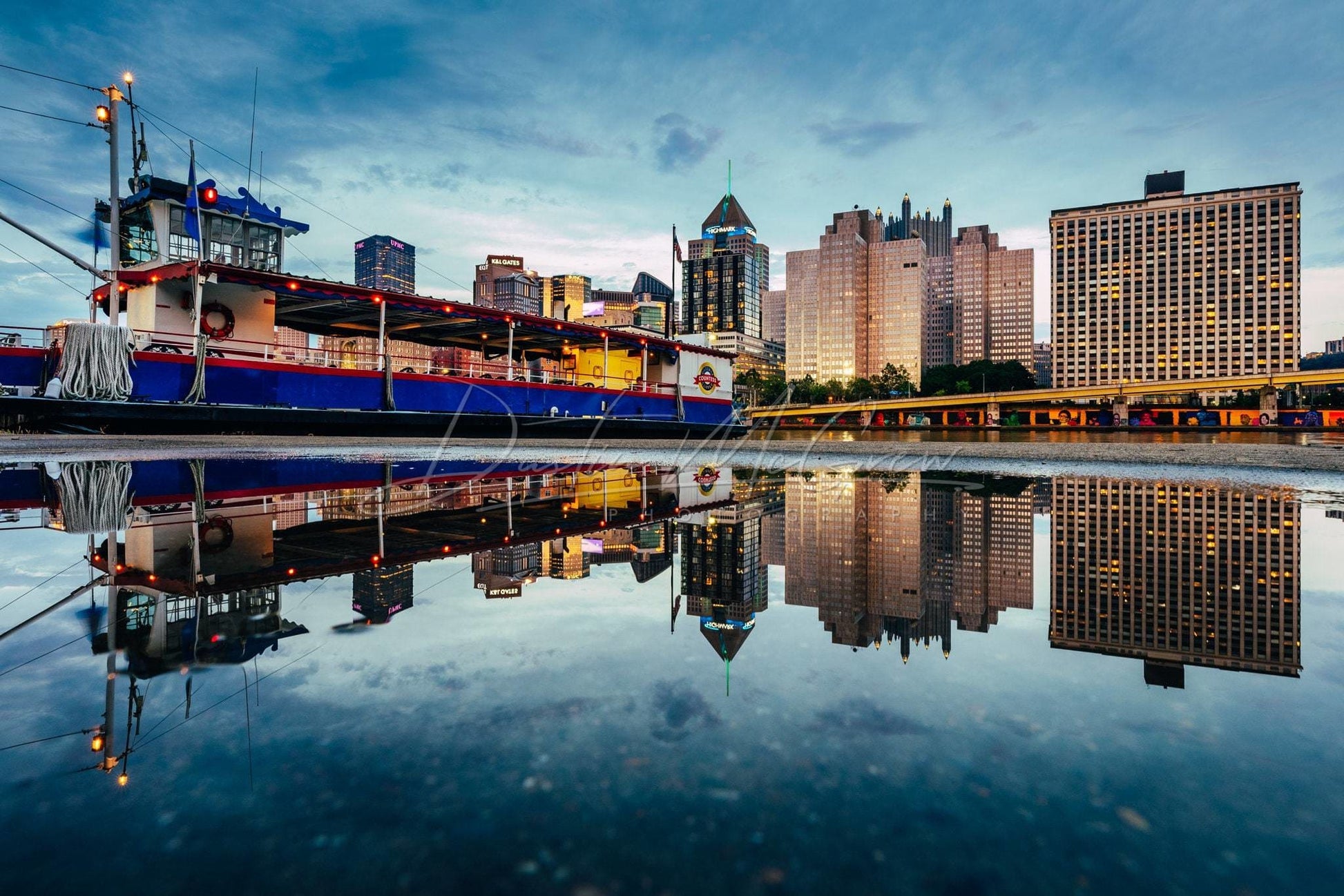 Pittsburgh Skyline Photo Print - Downtown And Gateway Clipper Countess Puddle Reflection Metal