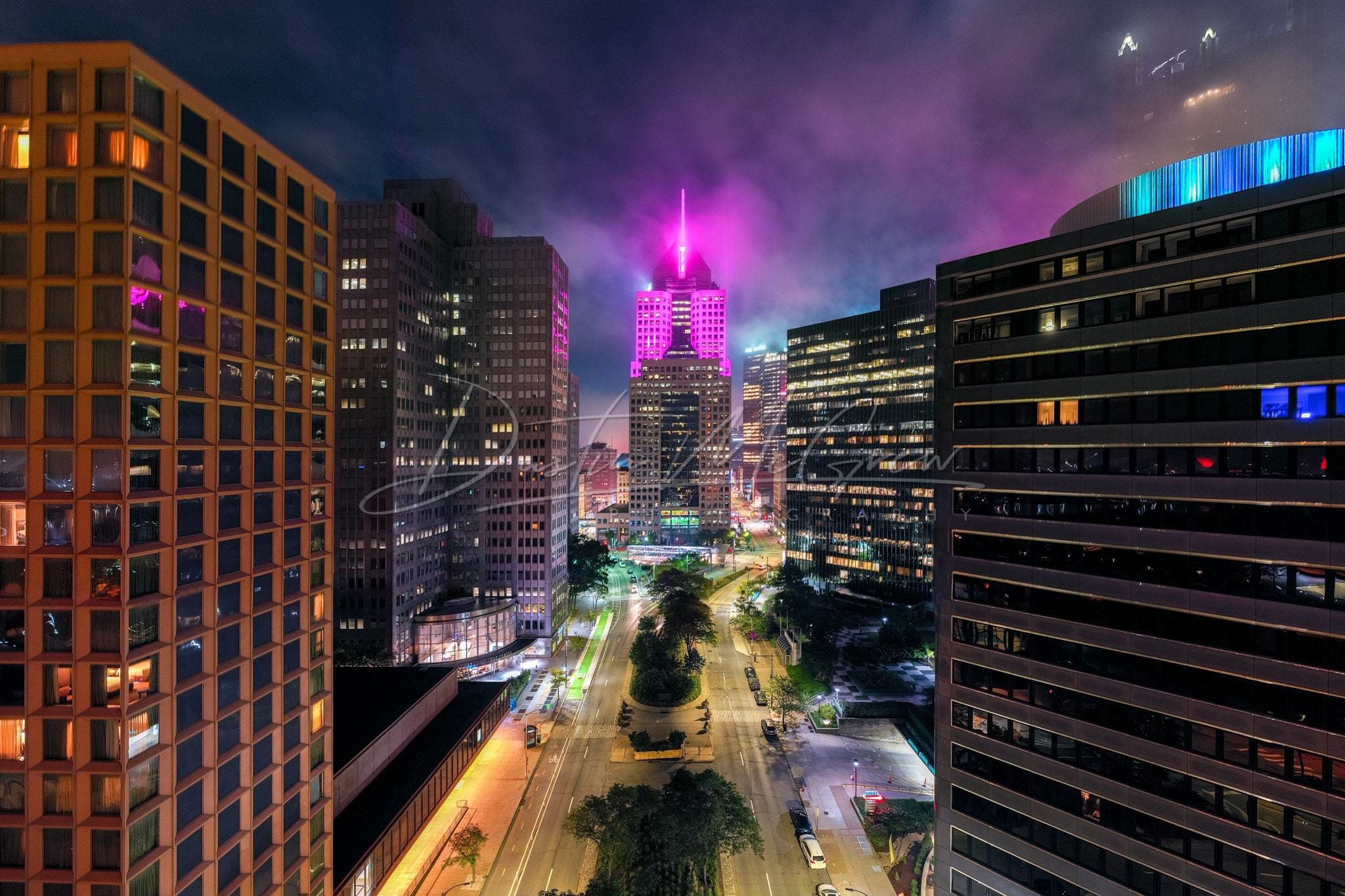 Pittsburgh Photo - 5Th Ave Place Lit Up Pink On A Foggy Morning Art Metal Prints